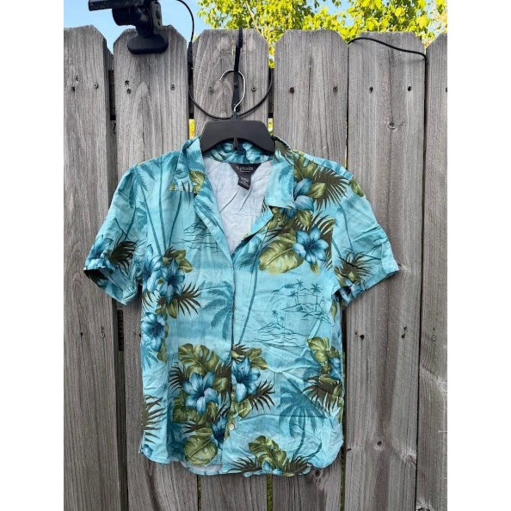 Van Heusen Womens Tropical Hibiscus Palm Tree Print Rayon Button Down Shirt M